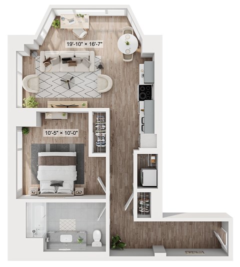 A floor plan of a small apartment with a living room, kitchen, and bathroom.